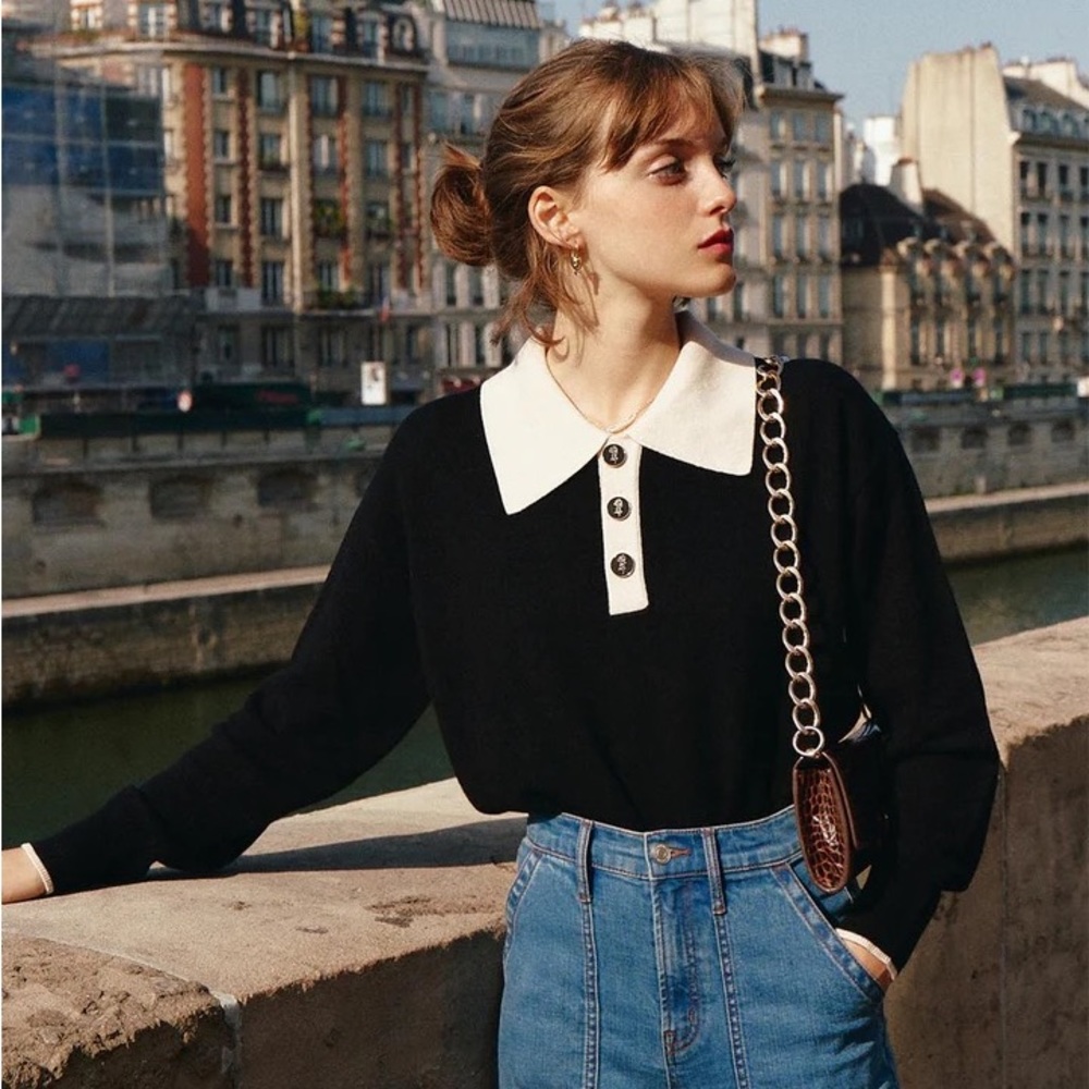 Simple Retro Selena Polo Contrast Collar Sweater in Black XS